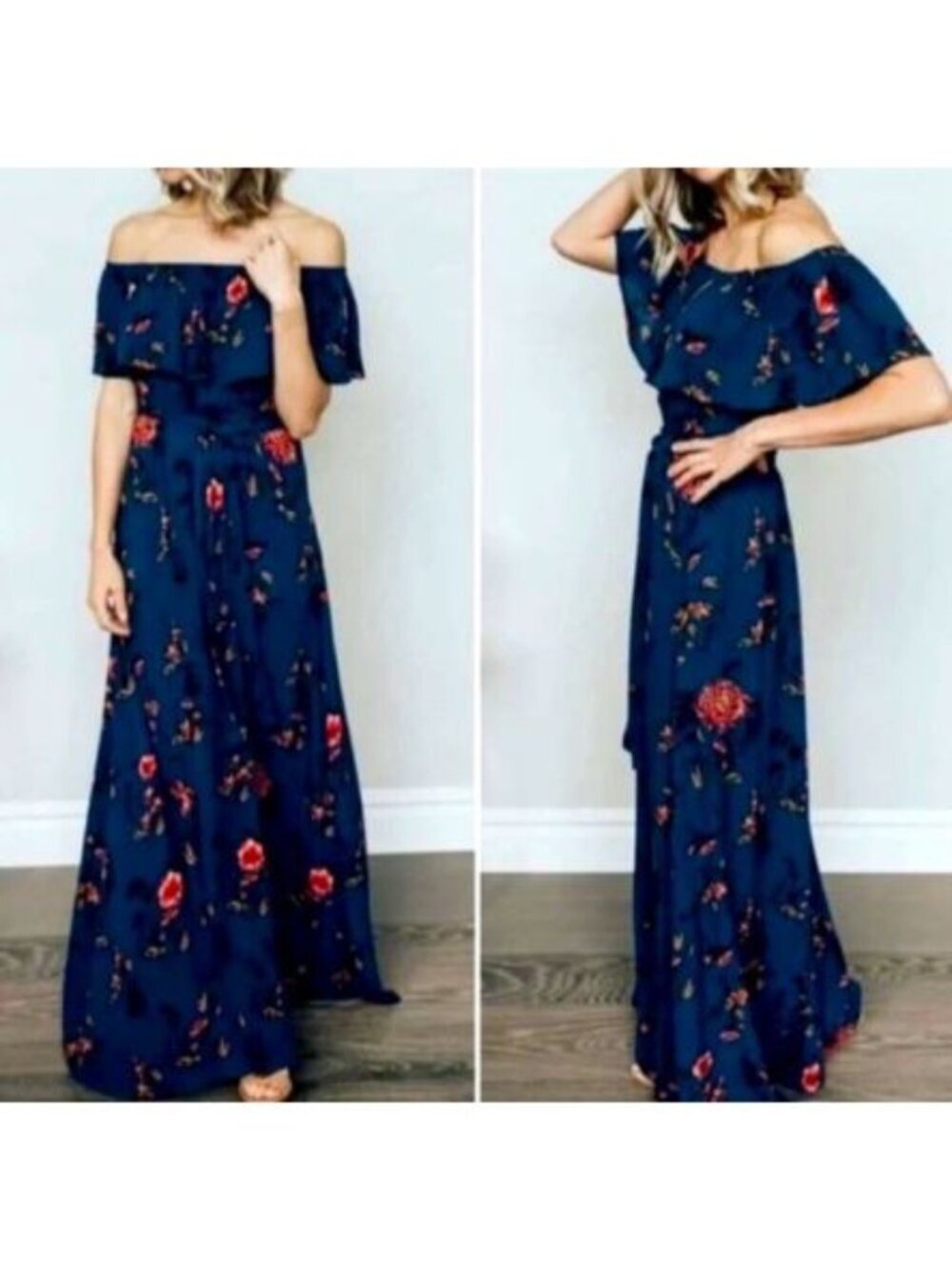 Baltic Born Marion Navy Floral Off the Shoulder Maxi Dress Sz M Ruffle Peony
